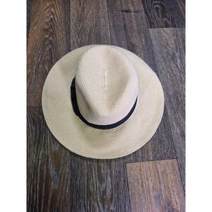 Banana Republic Tan Straw Fedora Hat Black Grosgrain Ribbon Bow S/M Summer Sun